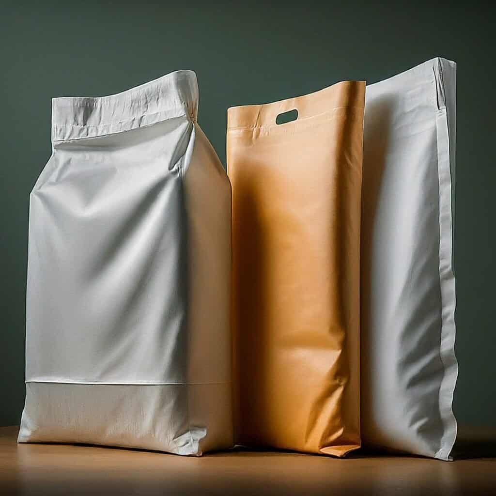 Professionally arranged compostable and biodegradable bags in various sizes for sustainable packaging solutions.